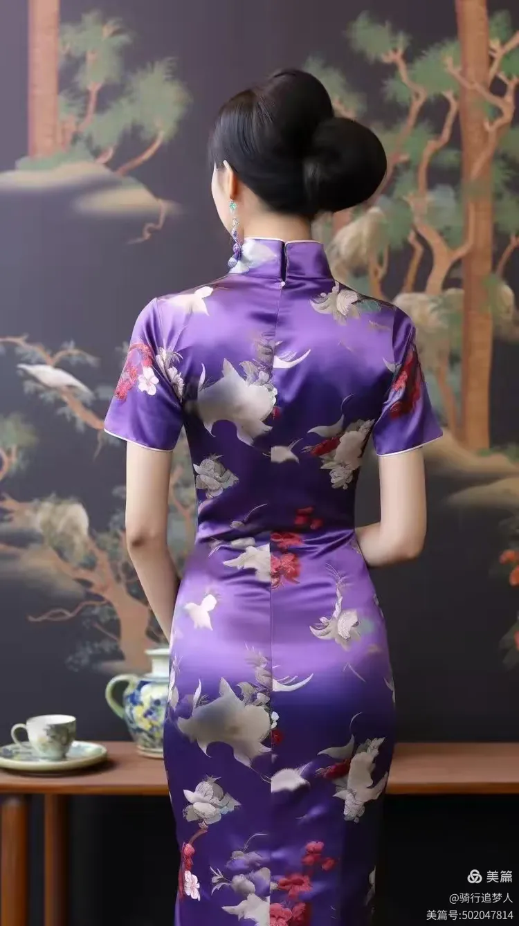 身着紫色的旗袍美女背影,如画中走出的风景